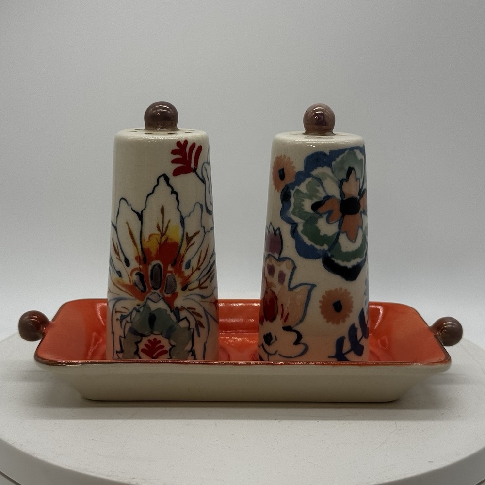 Anthropologie Salt And Pepper Set With Tray Floral Orange Blue Peach w/ Plugs